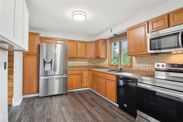 1099 N Greece Rd, Greece, NY 14626 - kitchen with appliances with stainless steel finishes, a sink, decorative backsplash, dark wood-style flooring, and crown molding