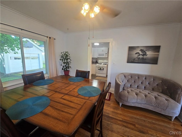 116 Mariposa St, Syracuse, NY 13206 - dining room featuring wood finished floors, a ceiling fan, and ornamental molding