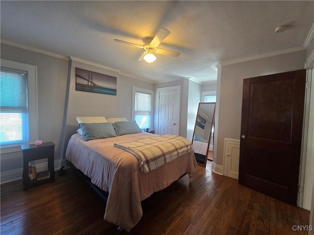 116 Mariposa St, Syracuse, NY 13206 - bedroom featuring dark wood finished floors, multiple windows, baseboards, crown molding, and a ceiling fan