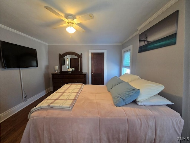 116 Mariposa St, Syracuse, NY 13206 - bedroom featuring ornamental molding, dark wood finished floors, baseboards, and a ceiling fan