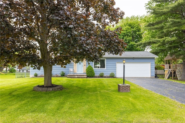 25 Selkirk Dr, Greece, NY 14626 - view of front of house with driveway, a garage, and a front lawn