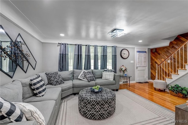 1597 Kensington Ave, Cheektowaga, NY 14215 - living room with stairway, wood finished floors, and recessed lighting