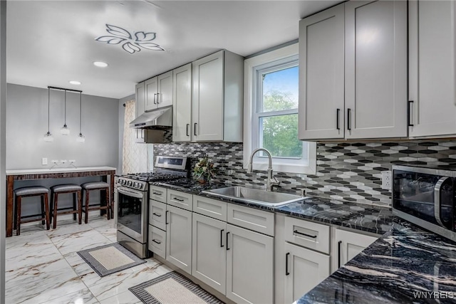 1597 Kensington Ave, Cheektowaga, NY 14215 - kitchen featuring stainless steel appliances, under cabinet range hood, a sink, light marble finish floors, and tasteful backsplash