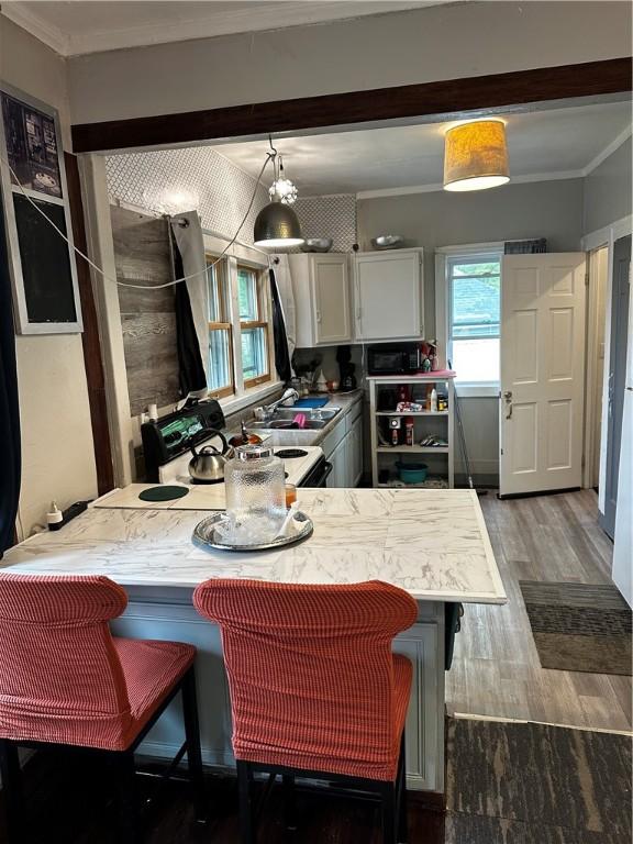 386 Westfield St, Rochester, NY 14619 - kitchen with light countertops, crown molding, a peninsula, dark wood-style flooring, and a breakfast bar area