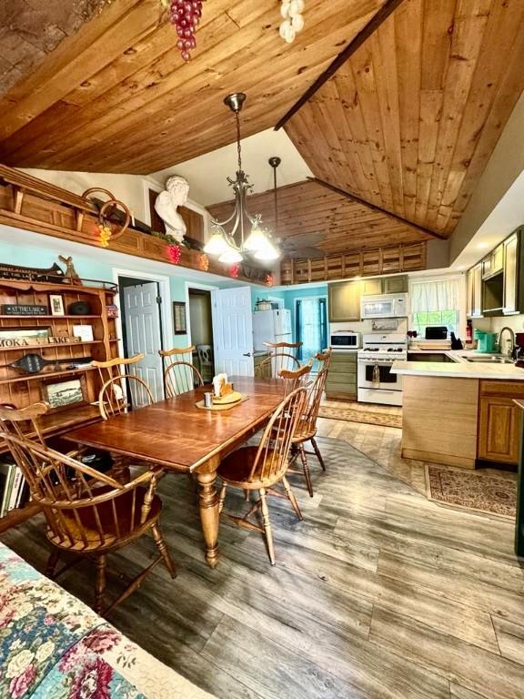 450 Stover Rd, Tyrone, NY 14815 - dining room featuring light wood-type flooring, wood ceiling, and high vaulted ceiling
