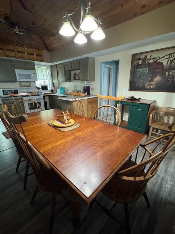 450 Stover Rd, Tyrone, NY 14815 - dining space with dark wood finished floors, lofted ceiling, wooden ceiling, and a ceiling fan