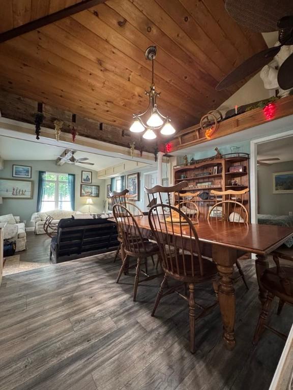 450 Stover Rd, Tyrone, NY 14815 - dining space featuring wood finished floors, wood ceiling, lofted ceiling, a chandelier, and ceiling fan