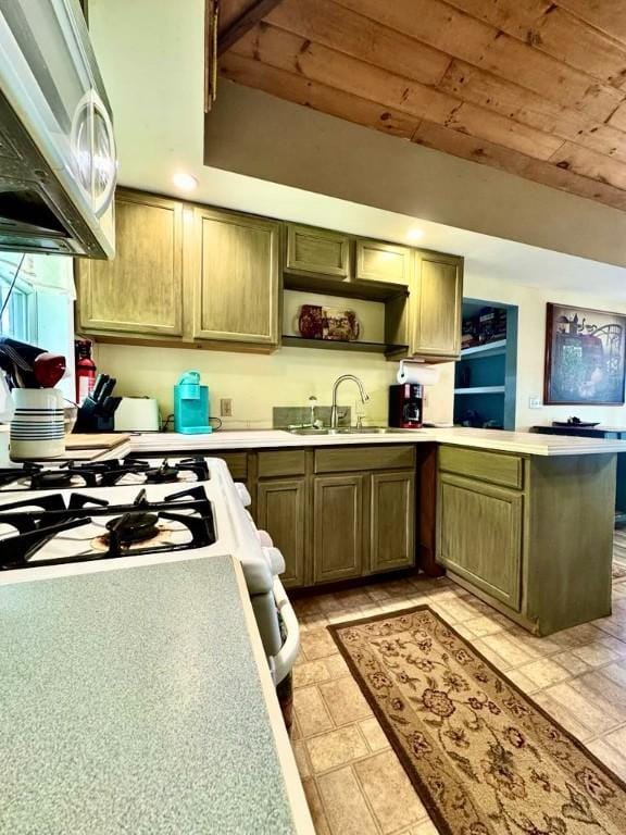 450 Stover Rd, Tyrone, NY 14815 - kitchen featuring a sink, a peninsula, open shelves, wooden ceiling, and light countertops