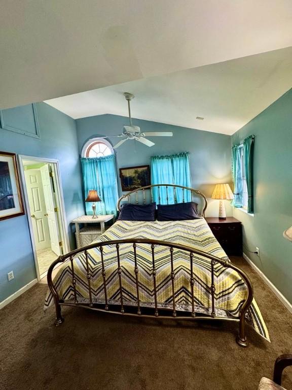 450 Stover Rd, Tyrone, NY 14815 - bedroom with carpet floors, lofted ceiling, baseboards, and ceiling fan