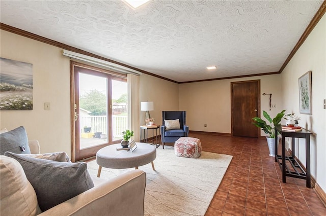 63 Shadywood Dr, Gates, NY 14606 - living area featuring a textured ceiling, ornamental molding, dark tile patterned flooring, and baseboards