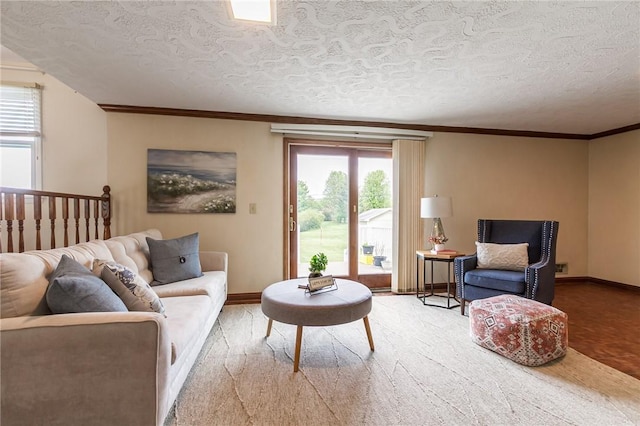 63 Shadywood Dr, Gates, NY 14606 - carpeted living area featuring baseboards, crown molding, and a textured ceiling