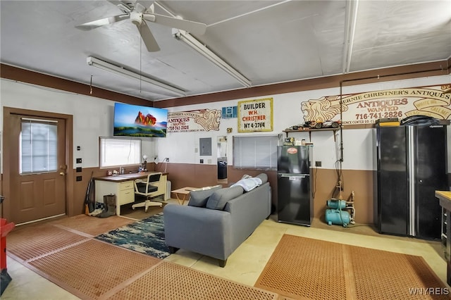 3955 Four Rod Rd Unit S, Marilla, NY 14052 - living area with a desk, a ceiling fan, and electric panel