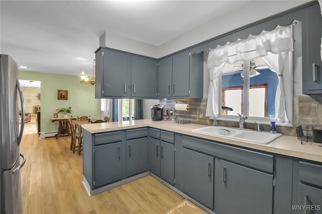 3955 Four Rod Rd Unit S, Marilla, NY 14052 - kitchen featuring freestanding refrigerator, a sink, a peninsula, baseboard heating, and light countertops