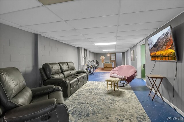 3955 Four Rod Rd Unit S, Marilla, NY 14052 - living area with concrete floors, concrete block wall, and a drop ceiling