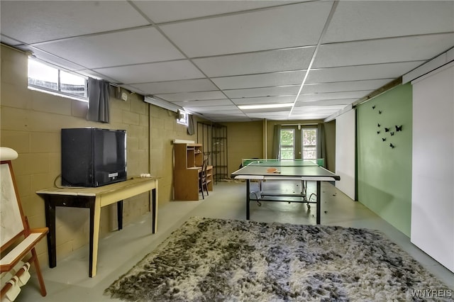 3955 Four Rod Rd Unit S, Marilla, NY 14052 - game room featuring concrete flooring, concrete block wall, and a paneled ceiling