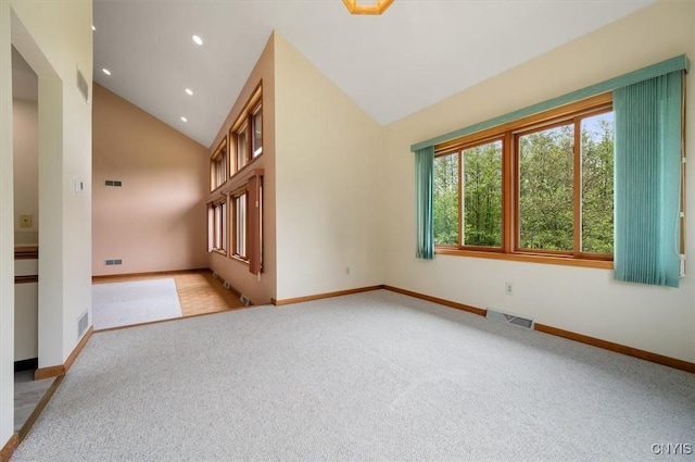 5 Byron Ln, Kirkland, NY 13323 - unfurnished living room featuring baseboards, light carpet, recessed lighting, and high vaulted ceiling