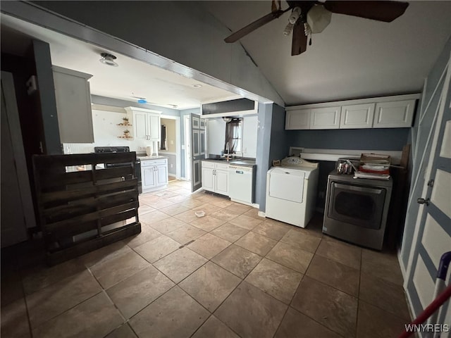 7 High St, Lyons, NY 14489 - kitchen with washer / clothes dryer, ceiling fan, white dishwasher, white cabinetry, and vaulted ceiling
