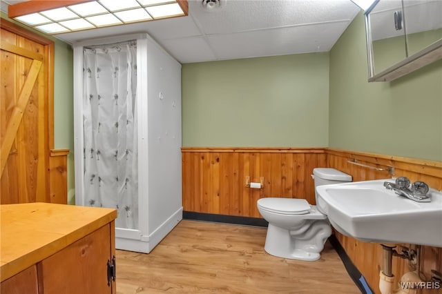 69 Coolidge Ave, Lockport-City, NY 14094 - bathroom featuring toilet, a wainscoted wall, wood finished floors, curtained shower, and a sink