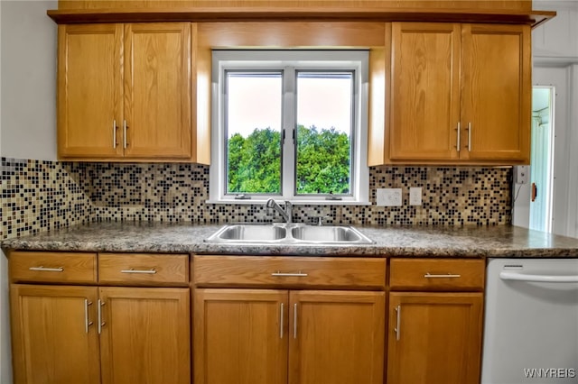 69 Coolidge Ave, Lockport-City, NY 14094 - kitchen with white dishwasher, a sink, decorative backsplash, and dark countertops