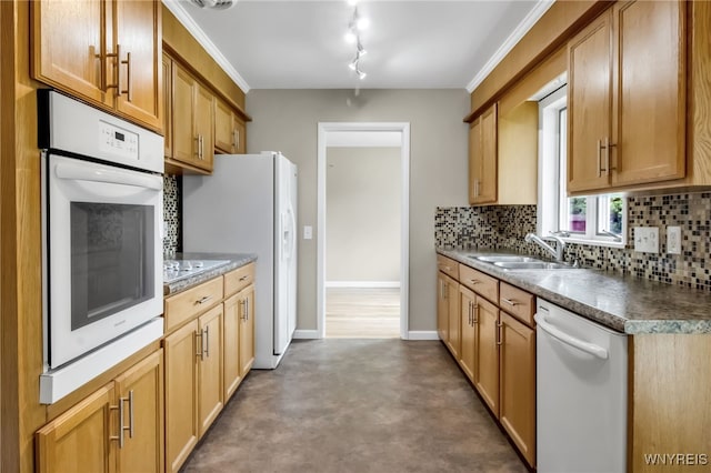 69 Coolidge Ave, Lockport-City, NY 14094 - kitchen featuring white appliances, decorative backsplash, a sink, and baseboards