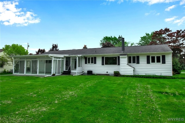 69 Coolidge Ave, Lockport-City, NY 14094 - back of property with a sunroom, a lawn, entry steps, and cooling unit