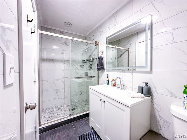 4335 US Route 11, Richland, NY 13142 - full bathroom featuring vanity, a marble finish shower, toilet, and ornamental molding