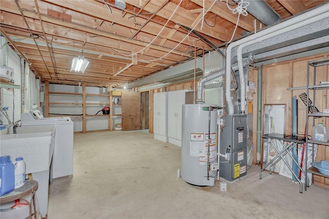 1 Ashton Dr, Gates, NY 14624 - unfinished basement with gas water heater, washing machine and dryer, heating unit, and a sink