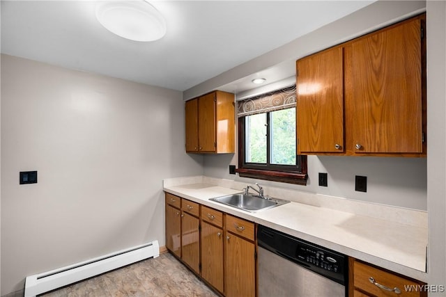3898 Ridge Lea Rd Unit B, Amherst, NY 14228 - kitchen featuring dishwasher, a sink, a baseboard radiator, and brown cabinetry