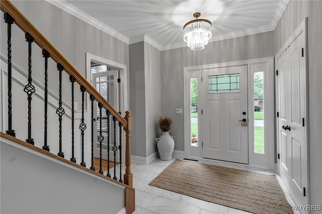 110 Hunt Club Cir, Amherst, NY 14051 - entryway featuring marble finish floors, a chandelier, stairs, and crown molding