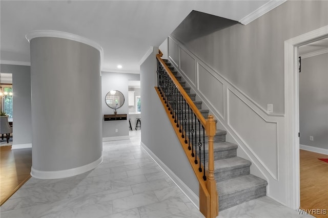 110 Hunt Club Cir, Amherst, NY 14051 - stairway featuring crown molding, marble look tile flooring, baseboards, and recessed lighting