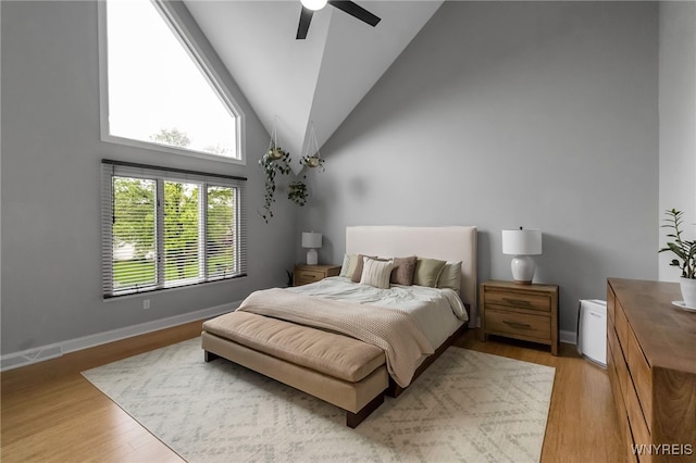 110 Hunt Club Cir, Amherst, NY 14051 - bedroom featuring light wood finished floors, ceiling fan, baseboards, and high vaulted ceiling