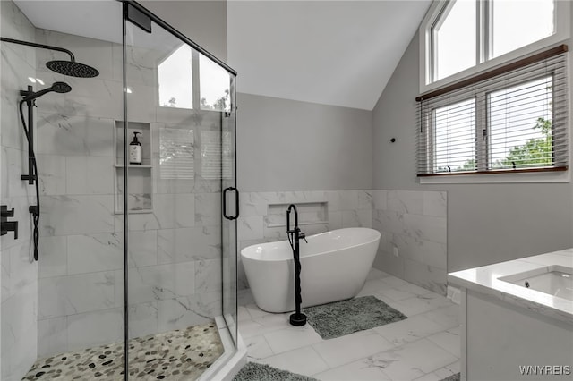 110 Hunt Club Cir, Amherst, NY 14051 - full bath featuring a freestanding bath, a shower stall, vanity, healthy amount of natural light, and vaulted ceiling