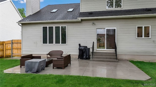 110 Hunt Club Cir, Amherst, NY 14051 - back of house with a shingled roof, entry steps, a patio area, and an outdoor hangout area