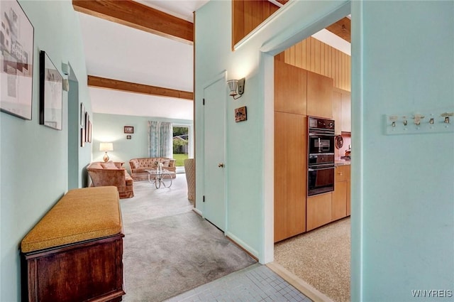 149 Fleetwood Ter, Amherst, NY 14221 - hall featuring beamed ceiling, light carpet, and high vaulted ceiling