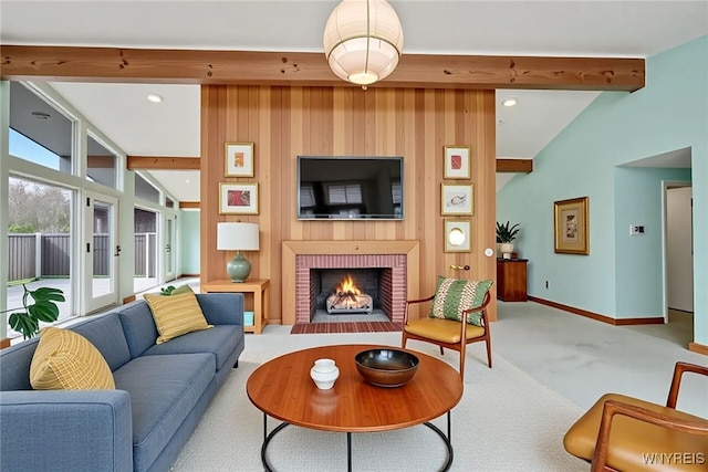 149 Fleetwood Ter, Amherst, NY 14221 - living area featuring carpet floors, a brick fireplace, baseboards, and recessed lighting
