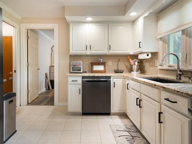 39 Sahara Dr, Gates, NY 14624 - kitchen featuring dishwashing machine, a sink, ornamental molding, tasteful backsplash, and white cabinets