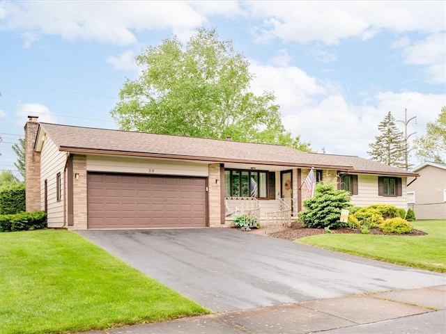 39 Sahara Dr, Gates, NY 14624 - ranch-style house with a garage, asphalt driveway, a front yard, a chimney, and brick siding