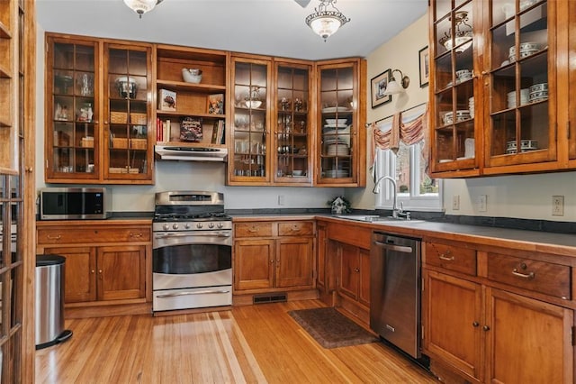 44 Riverside Dr, Binghamton-City, NY 13905 - kitchen with stainless steel appliances, a sink, light wood-style flooring, under cabinet range hood, and brown cabinetry