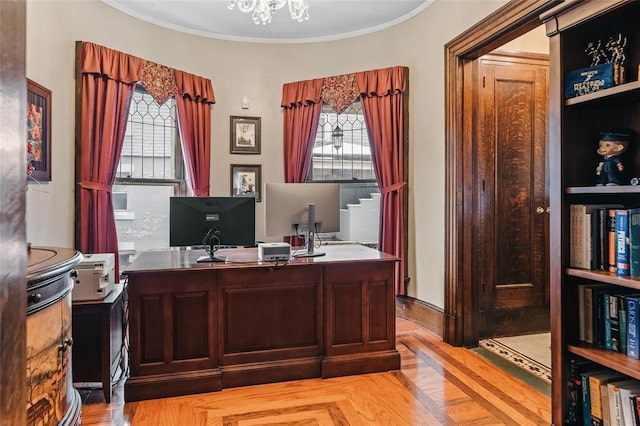 44 Riverside Dr, Binghamton-City, NY 13905 - office with crown molding and a chandelier