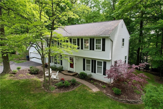 18 Chesham Way, Perinton, NY 14450 - colonial inspired home with a garage, a front yard, and a shingled roof