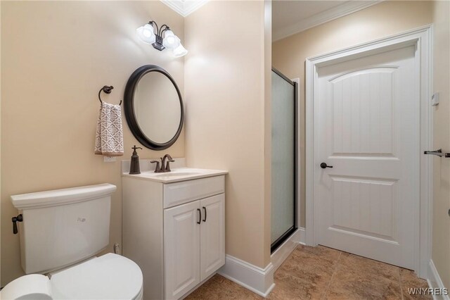 8785 Main St, Clarence, NY 14221 - bathroom with vanity, a stall shower, crown molding, toilet, and tile patterned flooring