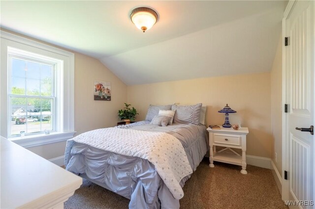 8785 Main St, Clarence, NY 14221 - bedroom with baseboards, vaulted ceiling, and dark colored carpet