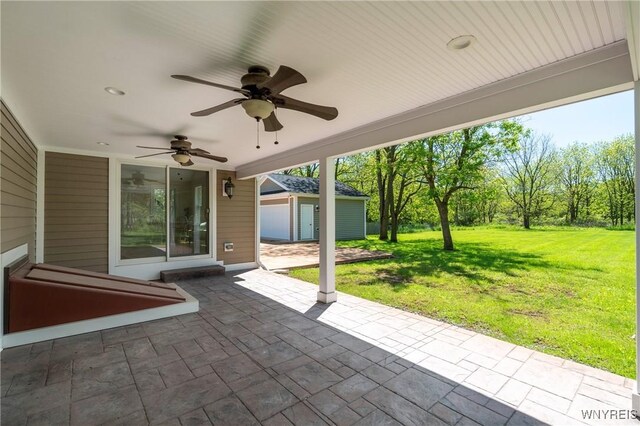 8785 Main St, Clarence, NY 14221 - view of patio / terrace featuring an outdoor structure and a ceiling fan