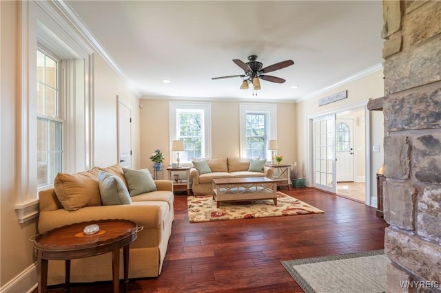 8785 Main St, Clarence, NY 14221 - living room featuring hardwood / wood-style flooring, ornamental molding, a ceiling fan, baseboards, and recessed lighting