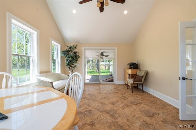 8785 Main St, Clarence, NY 14221 - dining room with ceiling fan, vaulted ceiling, baseboards, and recessed lighting