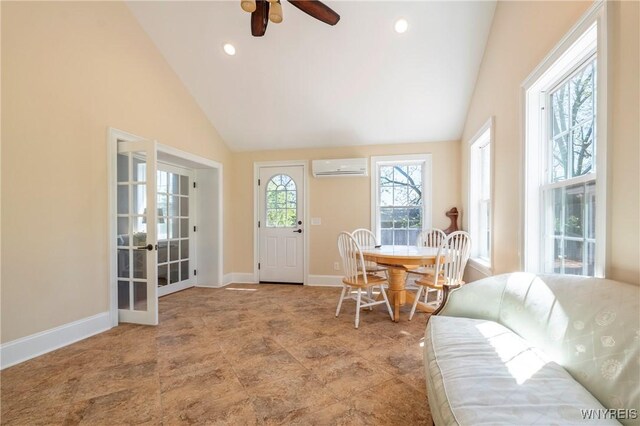 8785 Main St, Clarence, NY 14221 - dining room with a wall mounted AC, a ceiling fan, baseboards, high vaulted ceiling, and recessed lighting