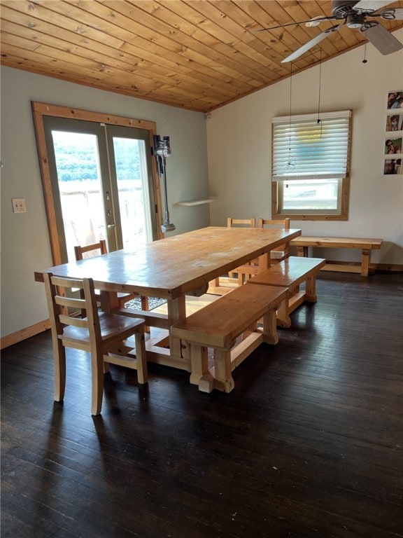 8976 Trio Dr, Urbana, NY 14840 - dining area featuring wood ceiling, a ceiling fan, french doors, wood-type flooring, and baseboards
