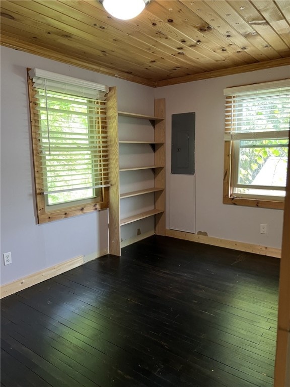8976 Trio Dr, Urbana, NY 14840 - empty room featuring ornamental molding, plenty of natural light, electric panel, hardwood / wood-style flooring, and wooden ceiling