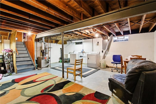 489 Bridgewood Dr, Greece, NY 14612 - basement featuring washing machine and clothes dryer, electric panel, stairway, and a heating unit