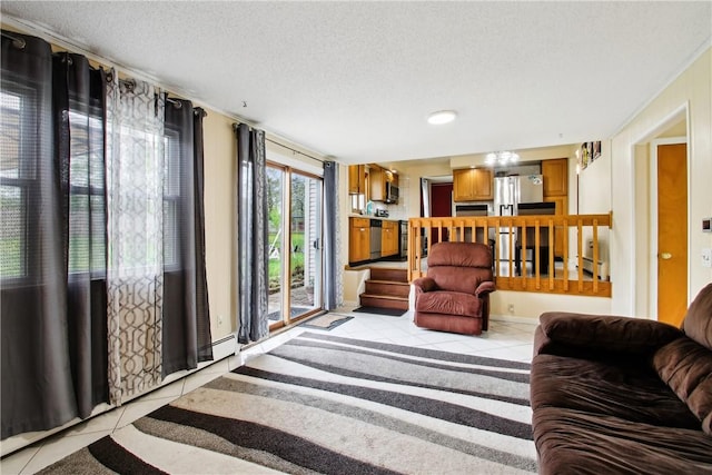 489 Bridgewood Dr, Greece, NY 14612 - living area with light tile patterned flooring, a textured ceiling, and a chandelier